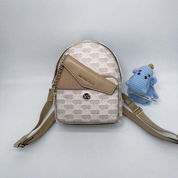 Michael Kors Maisie Extra-Small Logo 2-in-1 Backpack Camel Chain Cardcase Wallet - Picture 1 of 13